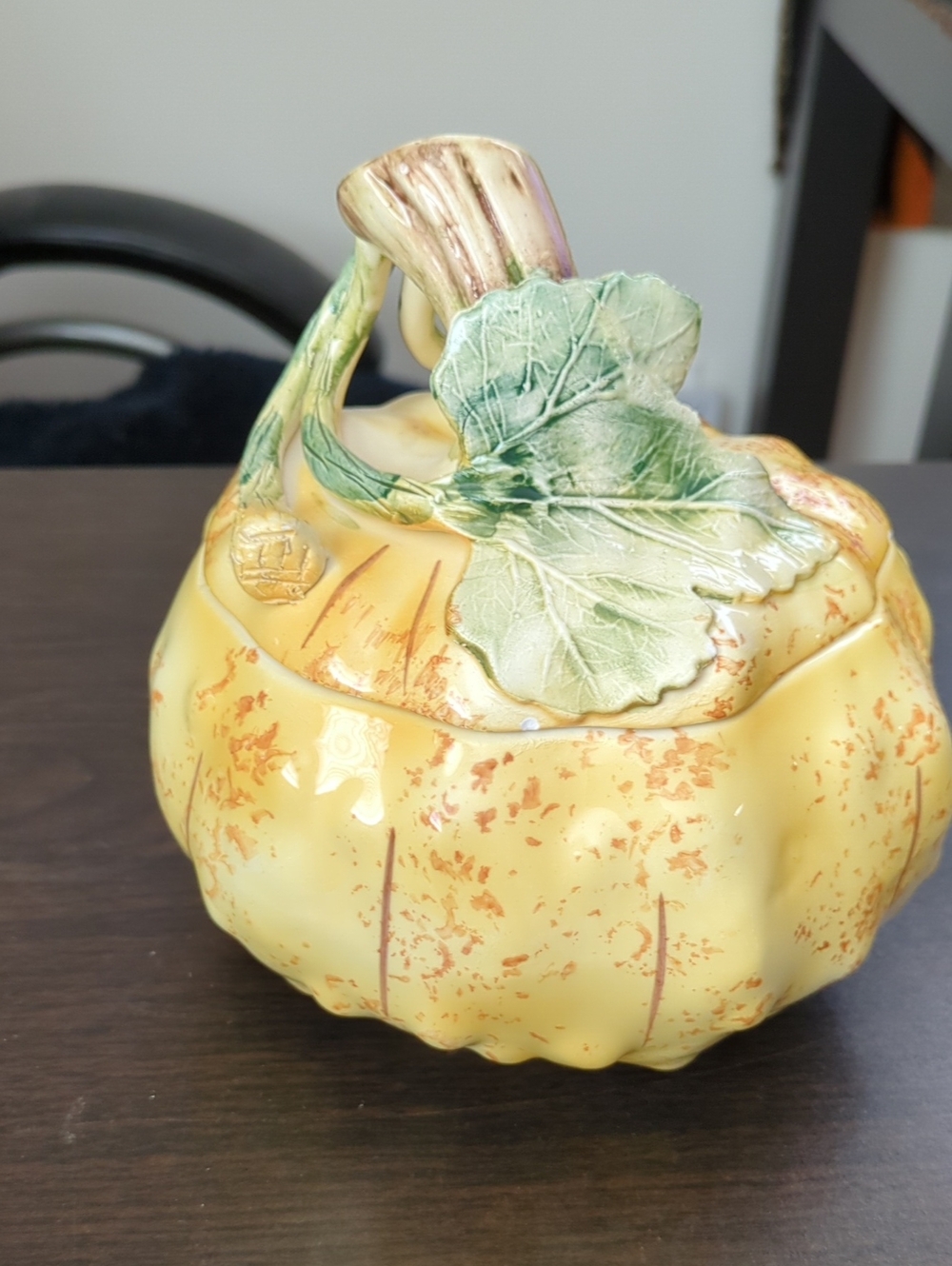 J. Willfred Yellow Ceramic Gourd Tureen with Stem & Leaf Lid